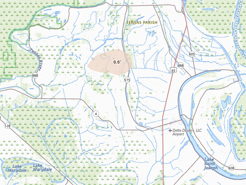 Radar-estimated hail-size map of the storm over Newellton, LA on Apr 29, 2026