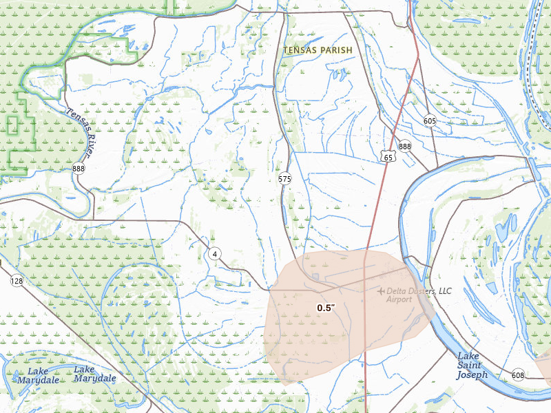 Radar-estimated hail-size map of the storm over Newellton, LA on Jul 1, 2026