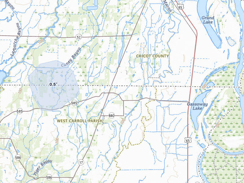 NEXRAD radar-signature map of the hail over Oak Grove, LA