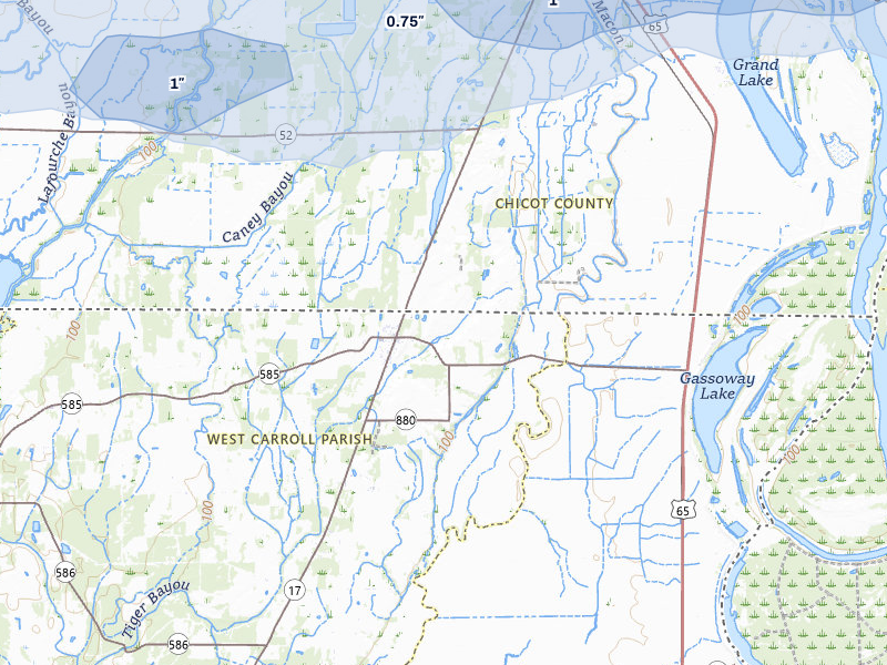 NEXRAD radar-signature map of the hail storm over Oak Grove, LA on Apr 28, 2026