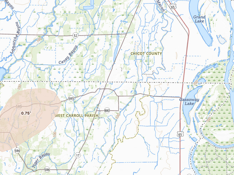 Radar-estimated hail-size map of the storm over Oak Grove, LA on May 22, 2026