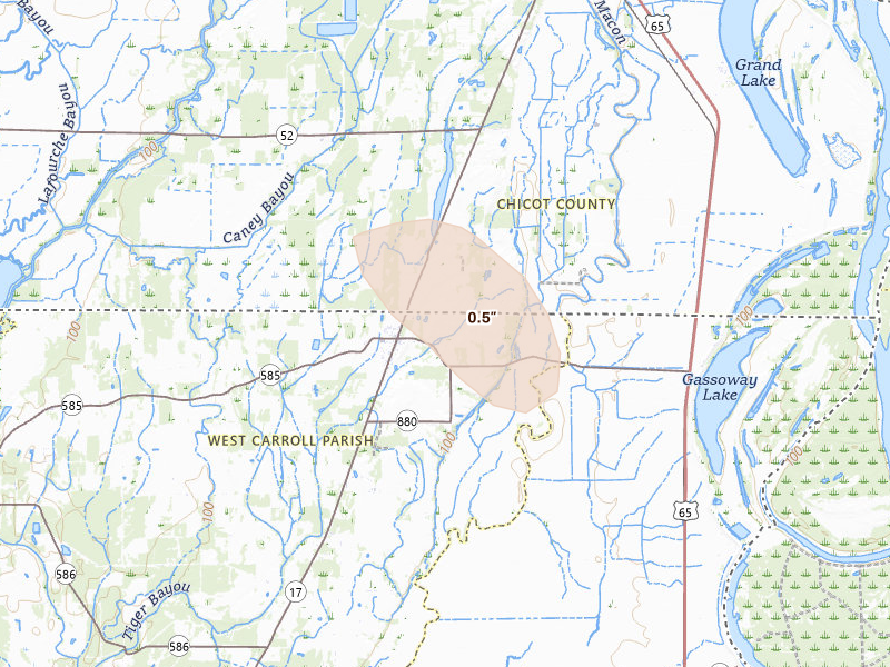 Radar-estimated hail-size map of the storm over Oak Grove, LA on Jun 24, 2026