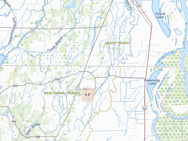 Radar-estimated hail-size map of the storm over Oak Grove, LA on Jul 1, 2026