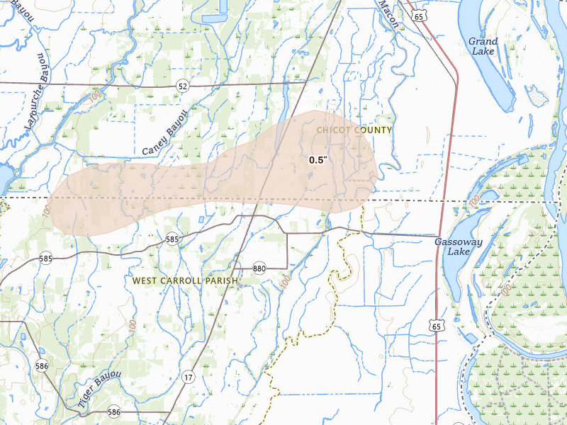 Radar-estimated hail-size map of the storm over Oak Grove, LA on Jul 8, 2026
