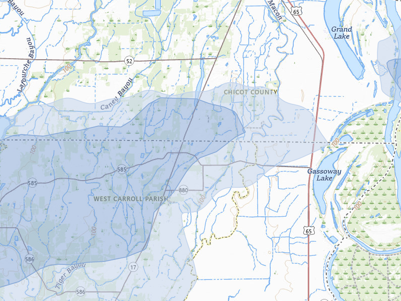 NEXRAD radar-signature map of the hail storm over Oak Grove, LA on Jul 8, 2026