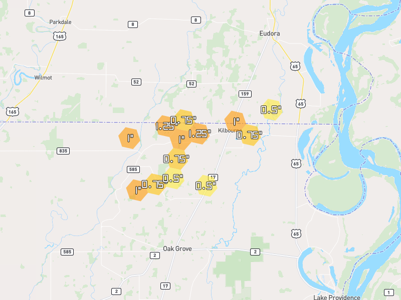 Hail map of Oak Grove, LA on Jul 8, 2026, hail up to 1.25"