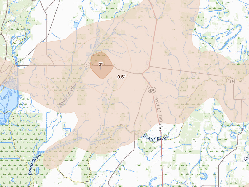 Radar-estimated hail-size map of the storm over Oak Ridge, LA on Apr 28, 2026