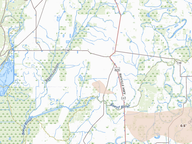 Radar-estimated hail-size map of the storm over Oak Ridge, LA on Jul 1, 2026