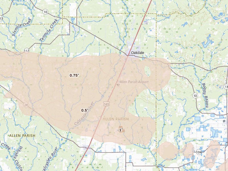 Radar-estimated hail-size map of the storm over Oakdale, LA on Mar 15, 2026