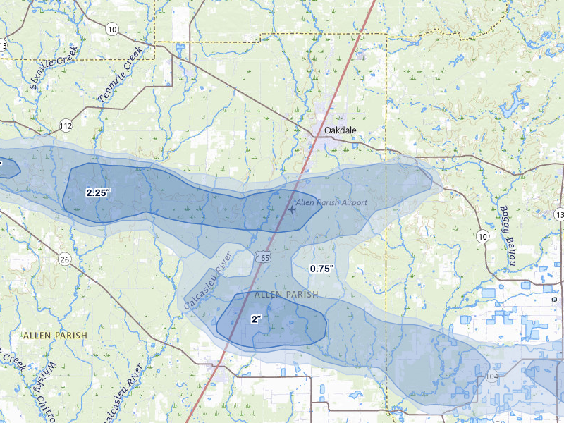 NEXRAD radar-signature map of the hail over Oakdale, LA