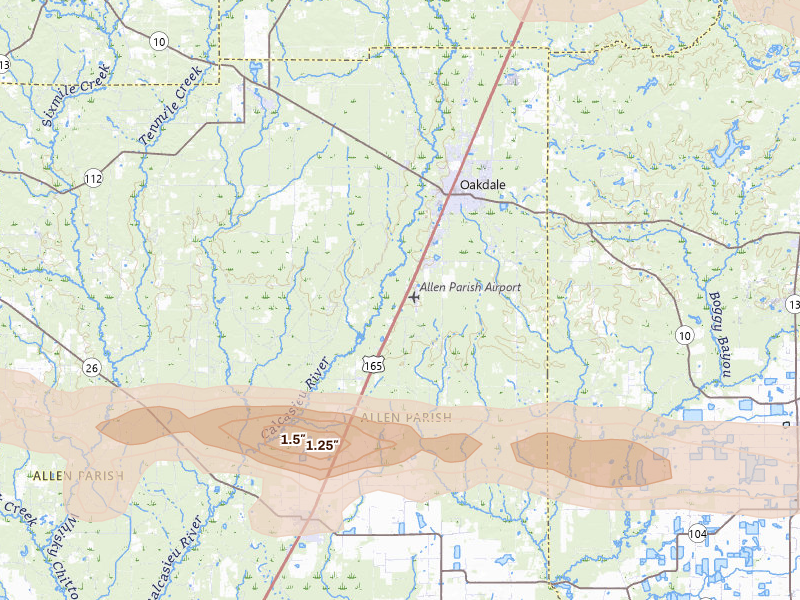 Radar-estimated hail-size map of the storm over Oakdale, LA on May 8, 2026