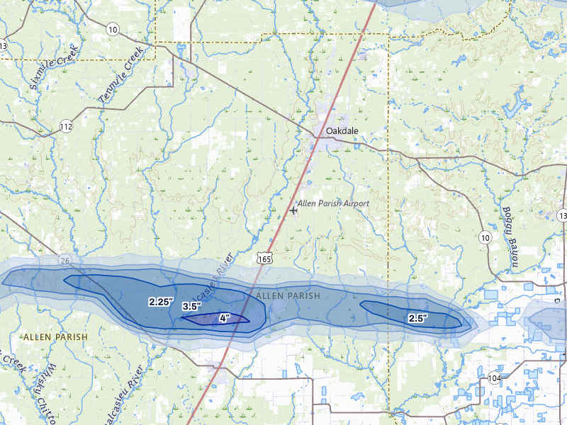 NEXRAD radar-signature map of the hail storm over Oakdale, LA on May 8, 2026
