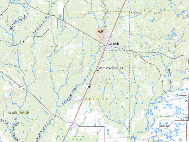 Radar-estimated hail-size map of the storm over Oakdale, LA on Jul 4, 2026