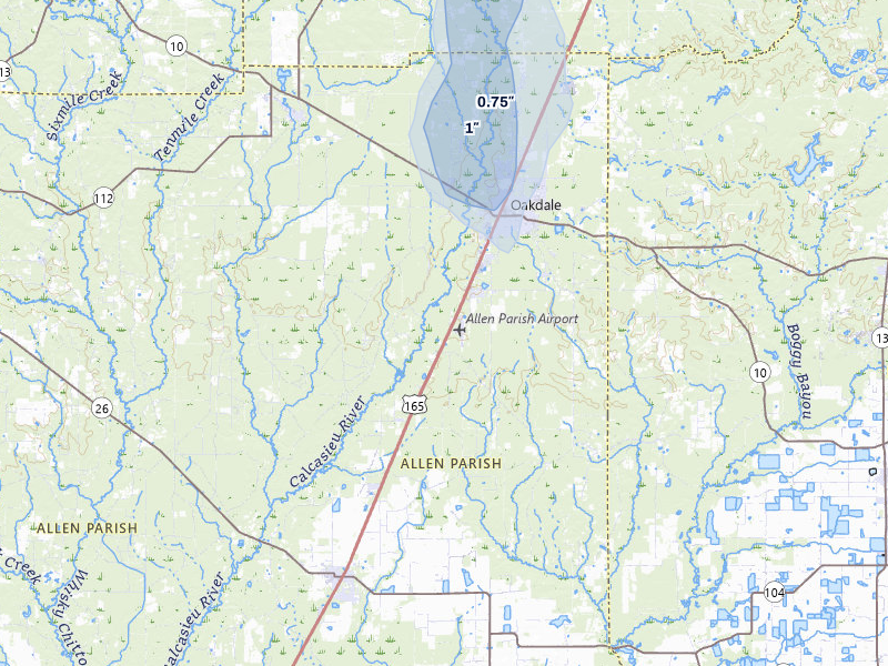 NEXRAD radar-signature map of the hail over Oakdale, LA