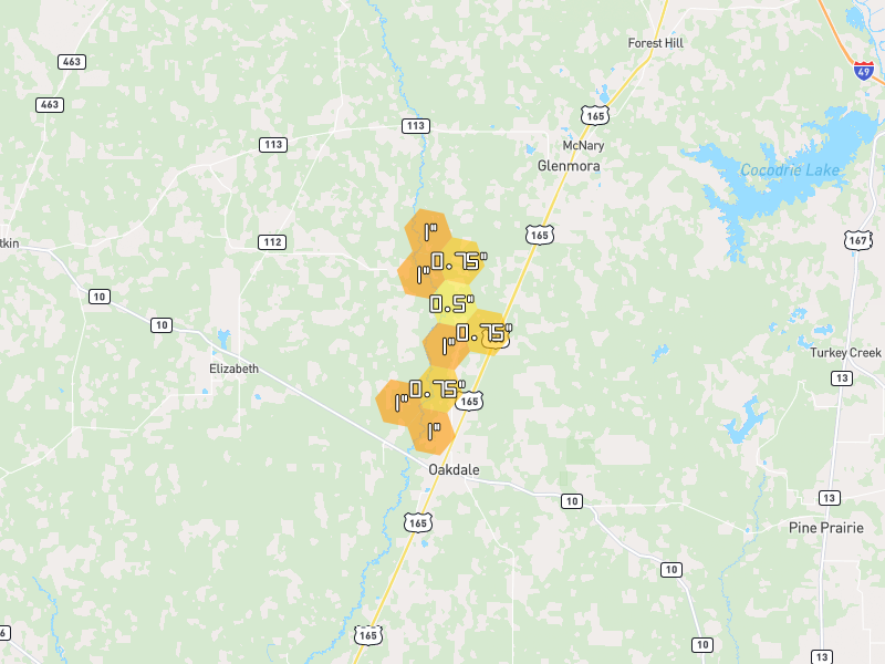 Hail map of Oakdale, LA on Jul 4, 2026, hail up to 1"