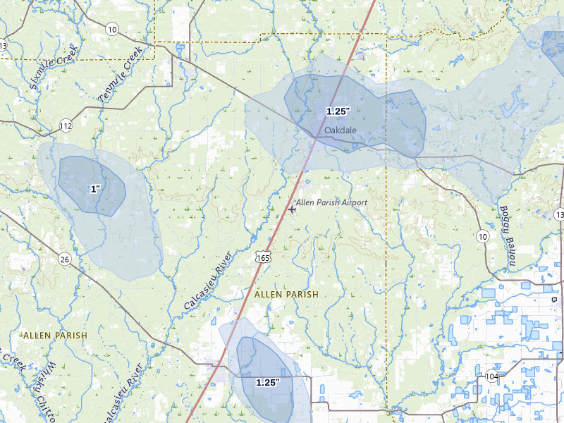 NEXRAD radar-signature map of the hail storm over Oakdale, LA on Jul 5, 2026