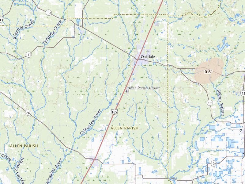 Radar-estimated hail-size map of the storm over Oakdale, LA on Jul 8, 2026