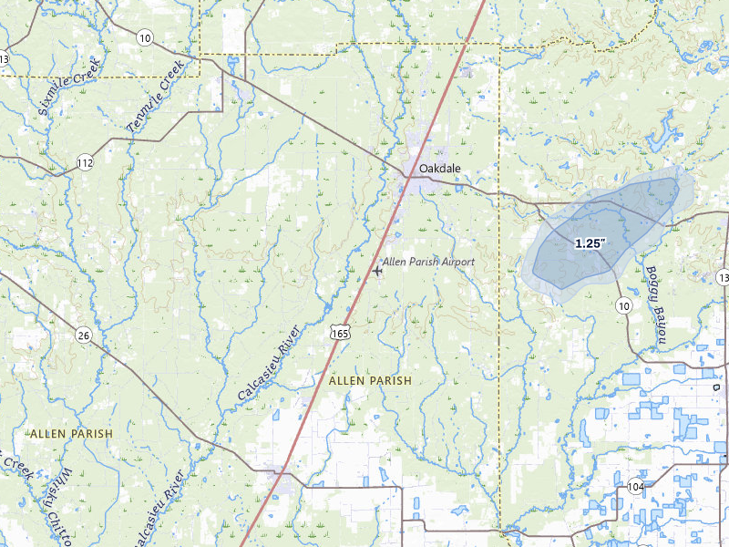 NEXRAD radar-signature map of the hail storm over Oakdale, LA on Jul 8, 2026