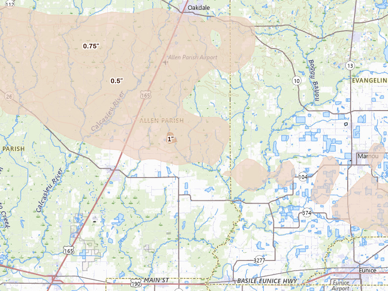Radar-estimated hail-size map of the storm over Oberlin, LA on Mar 15, 2026