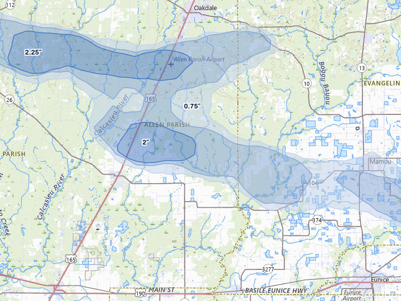 NEXRAD radar-signature map of the hail over Oberlin, LA