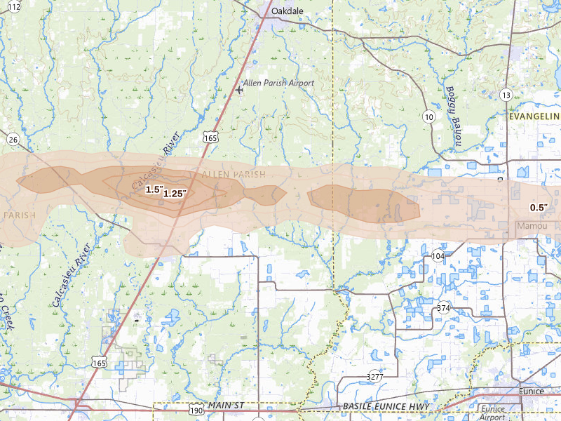 Radar-estimated hail-size map of the storm over Oberlin, LA on May 8, 2026
