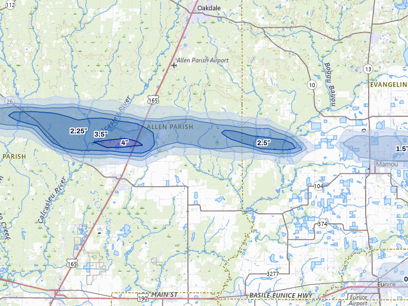 NEXRAD radar-signature map of the hail storm over Oberlin, LA on May 8, 2026