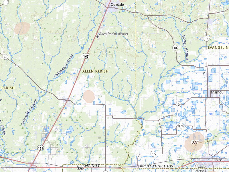 Radar-estimated hail-size map of the storm over Oberlin, LA on Jul 5, 2026