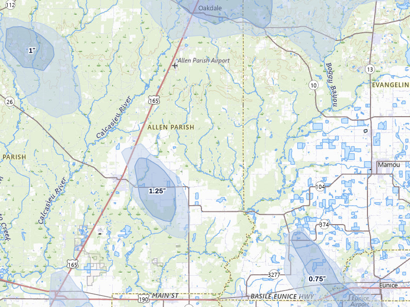 NEXRAD radar-signature map of the hail storm over Oberlin, LA on Jul 5, 2026