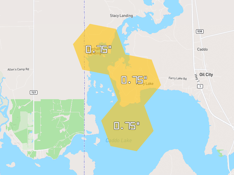 Hail map of Oil City, LA on Jun 2, 2026, hail up to 0.75"