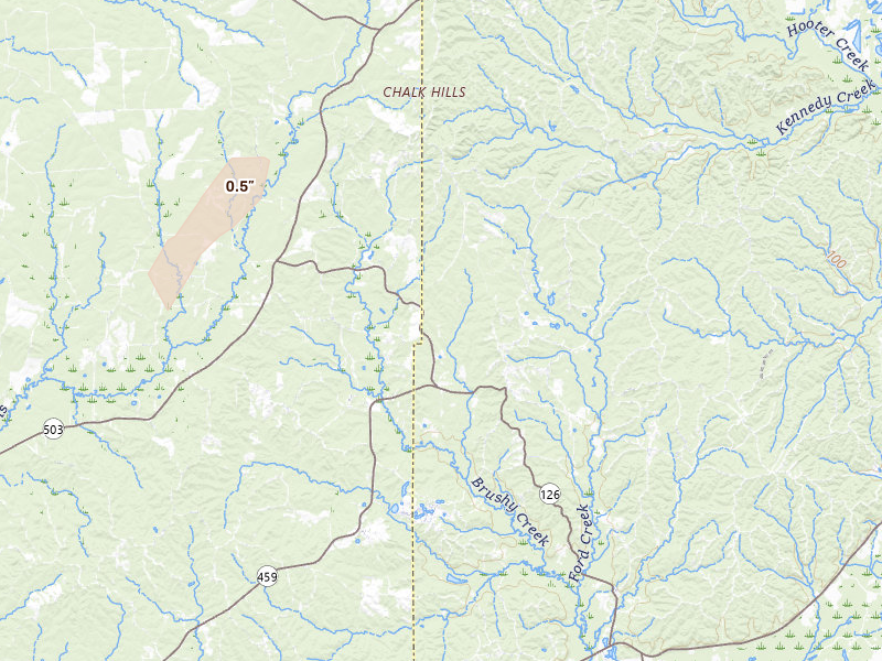Radar-estimated hail-size map of the storm over Olla, LA on Mar 7, 2026