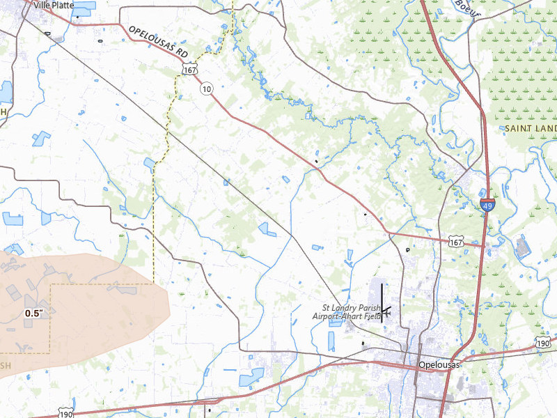 Radar-estimated hail-size map of the storm over Opelousas, LA on Mar 15, 2026