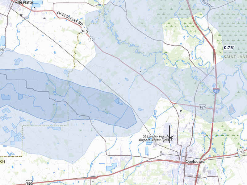 NEXRAD radar-signature map of the hail over Opelousas, LA