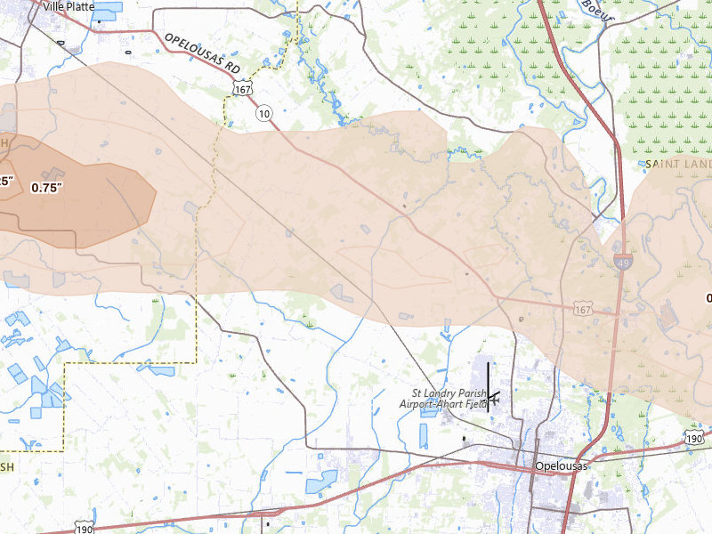 Radar-estimated hail-size map of the storm over Opelousas, LA on May 8, 2026