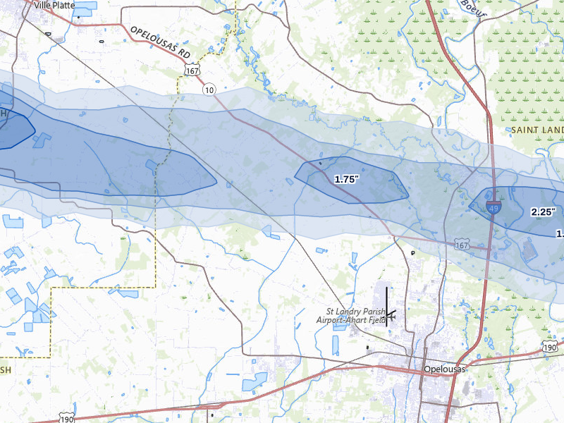 NEXRAD radar-signature map of the hail storm over Opelousas, LA on May 8, 2026