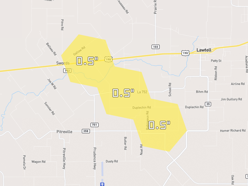 Hail map of Opelousas, LA on Jul 1, 2026, hail up to 0.5"