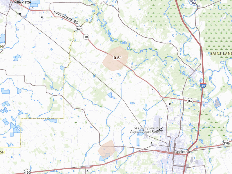 Radar-estimated hail-size map of the storm over Opelousas, LA on Jul 4, 2026