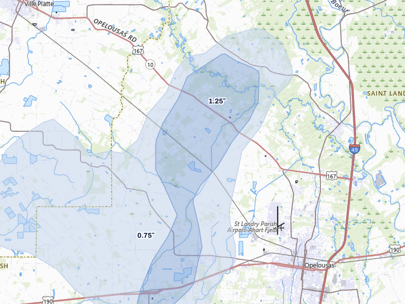 NEXRAD radar-signature map of the hail over Opelousas, LA