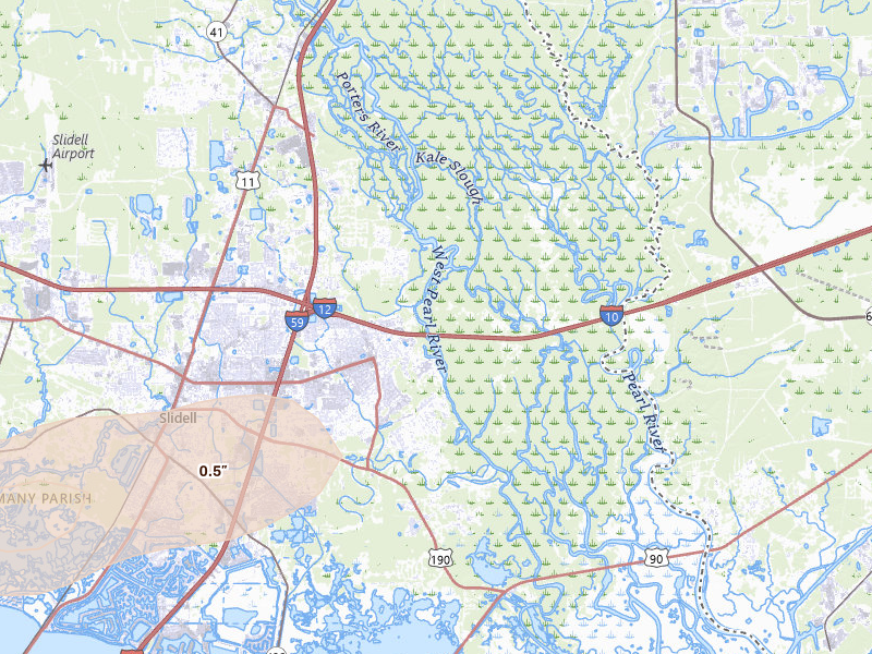 Radar-estimated hail-size map of the storm over Pearl River, LA on Mar 15, 2026