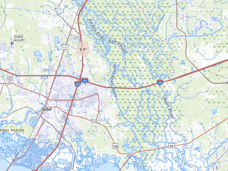 Radar-estimated hail-size map of the storm over Pearl River, LA on Apr 26, 2026