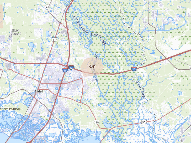 Radar-estimated hail-size map of the storm over Pearl River, LA on Jun 24, 2026