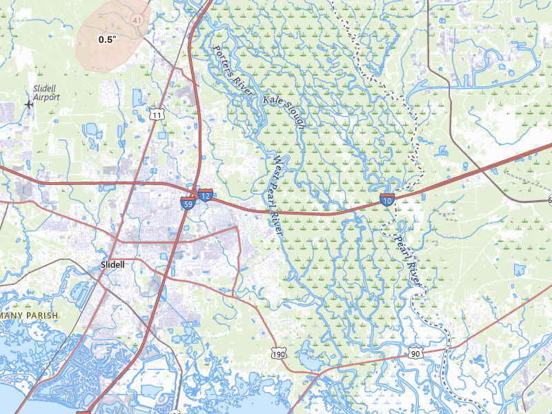 Radar-estimated hail-size map of the storm over Pearl River, LA on Jul 5, 2026