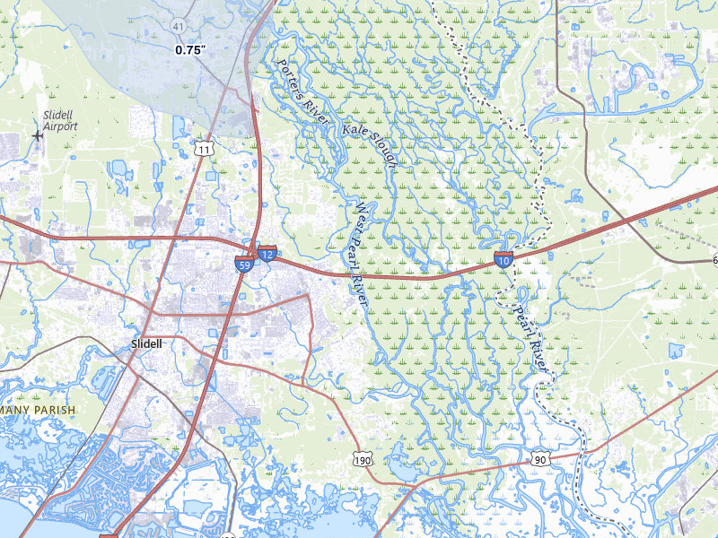 NEXRAD radar-signature map of the hail storm over Pearl River, LA on Jul 5, 2026