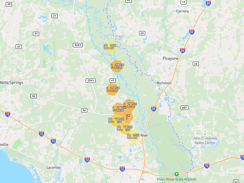 Hail map of Pearl River, LA on Jul 5, 2026, hail up to 1.25"