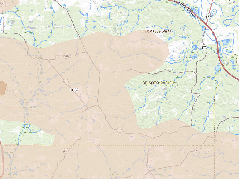 Radar-estimated hail-size map of the storm over Pelican, LA on Mar 15, 2026
