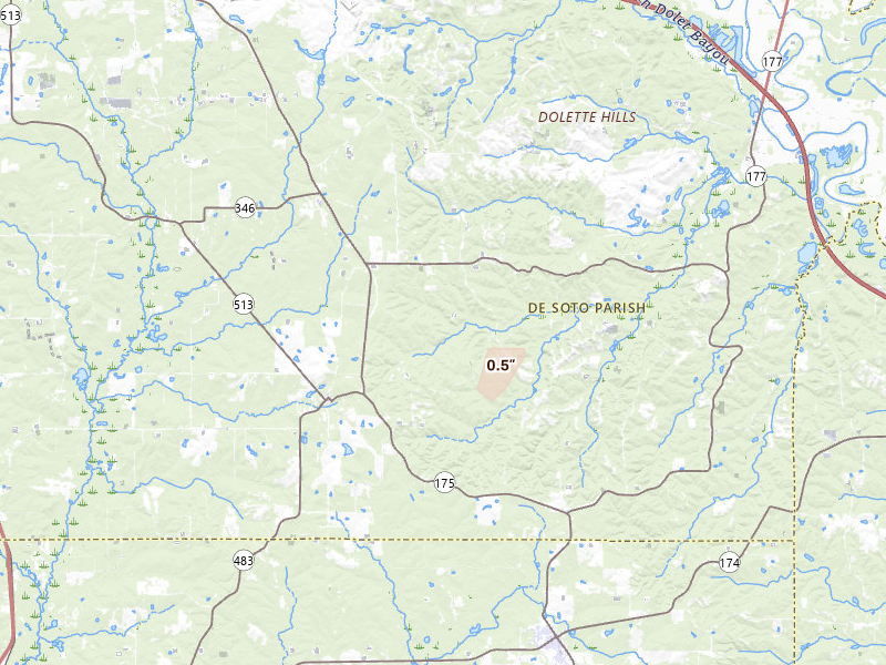 Radar-estimated hail-size map of the storm over Pelican, LA on Jul 12, 2026