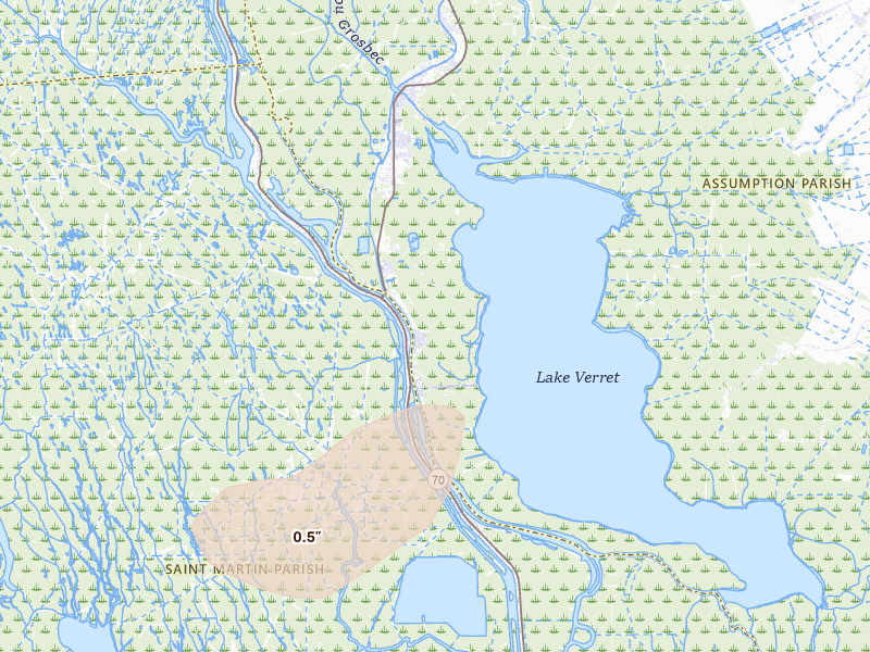 Radar-estimated hail-size map of the storm over Pierre Part, LA on May 22, 2026