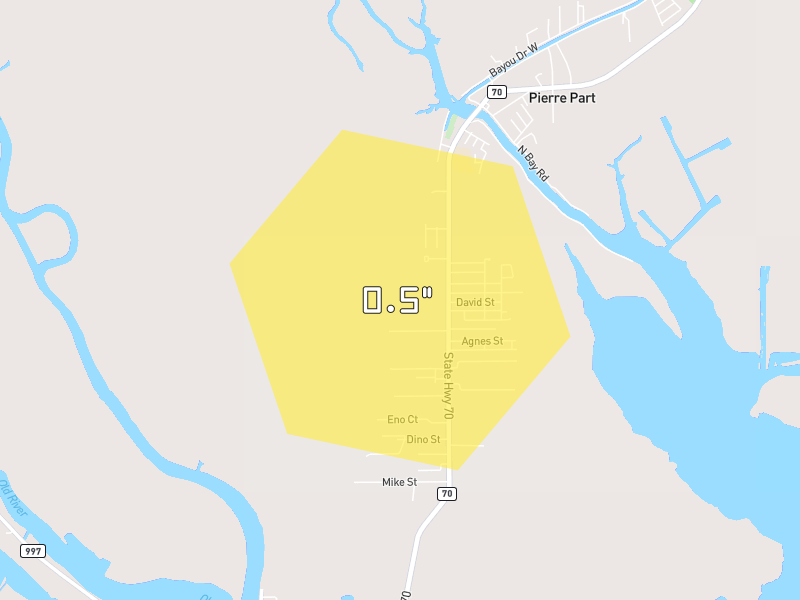 Hail map of Pierre Part, LA on Jun 2, 2026, hail up to 0.5"