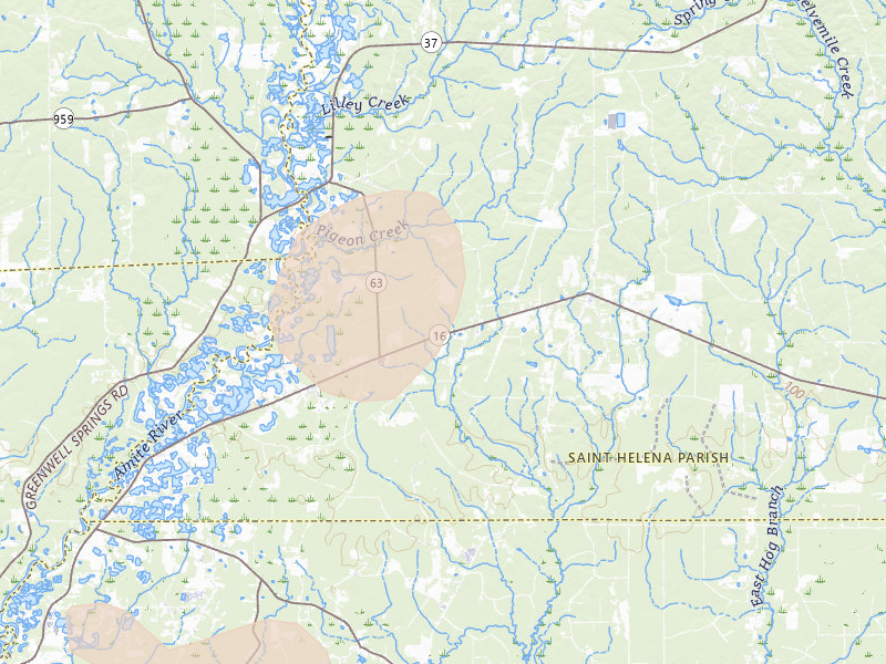 Radar-estimated hail-size map of the storm over Pine Grove, LA on Aug 16, 2026