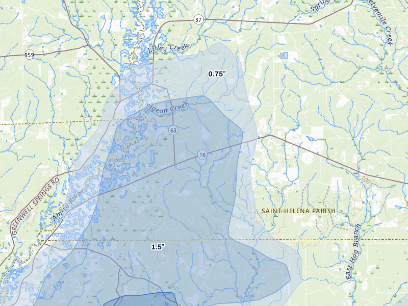 NEXRAD radar-signature map of the hail storm over Pine Grove, LA on Aug 16, 2026
