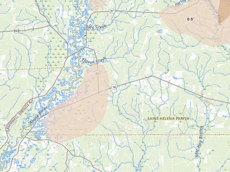 Radar-estimated hail-size map of the storm over Pine Grove, LA on Aug 21, 2026